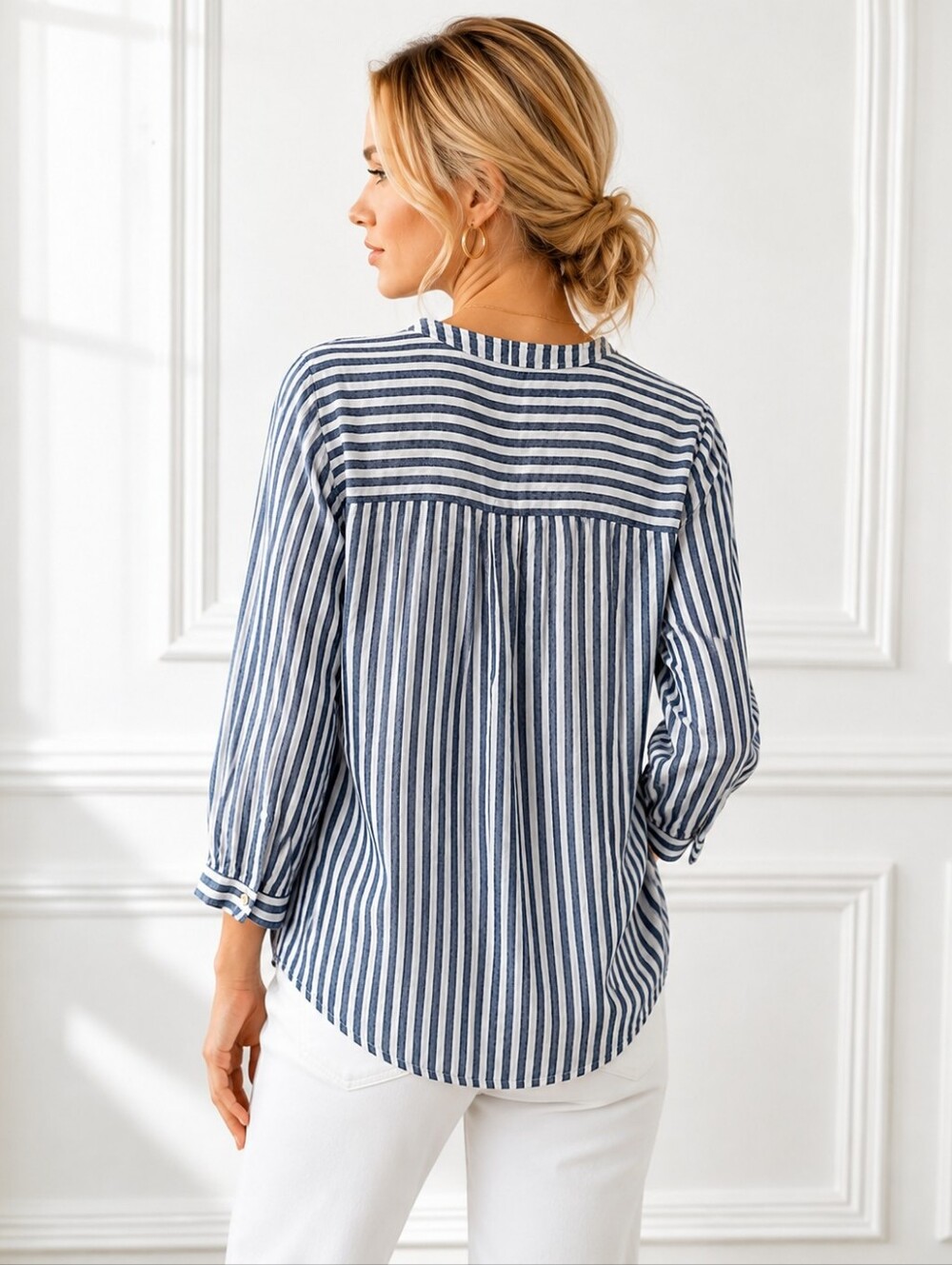 Old Navy Blue & White Striped Split Neck Blouse Size Large | 3/4 Sleeve Lightwei - Picture 2 of 8